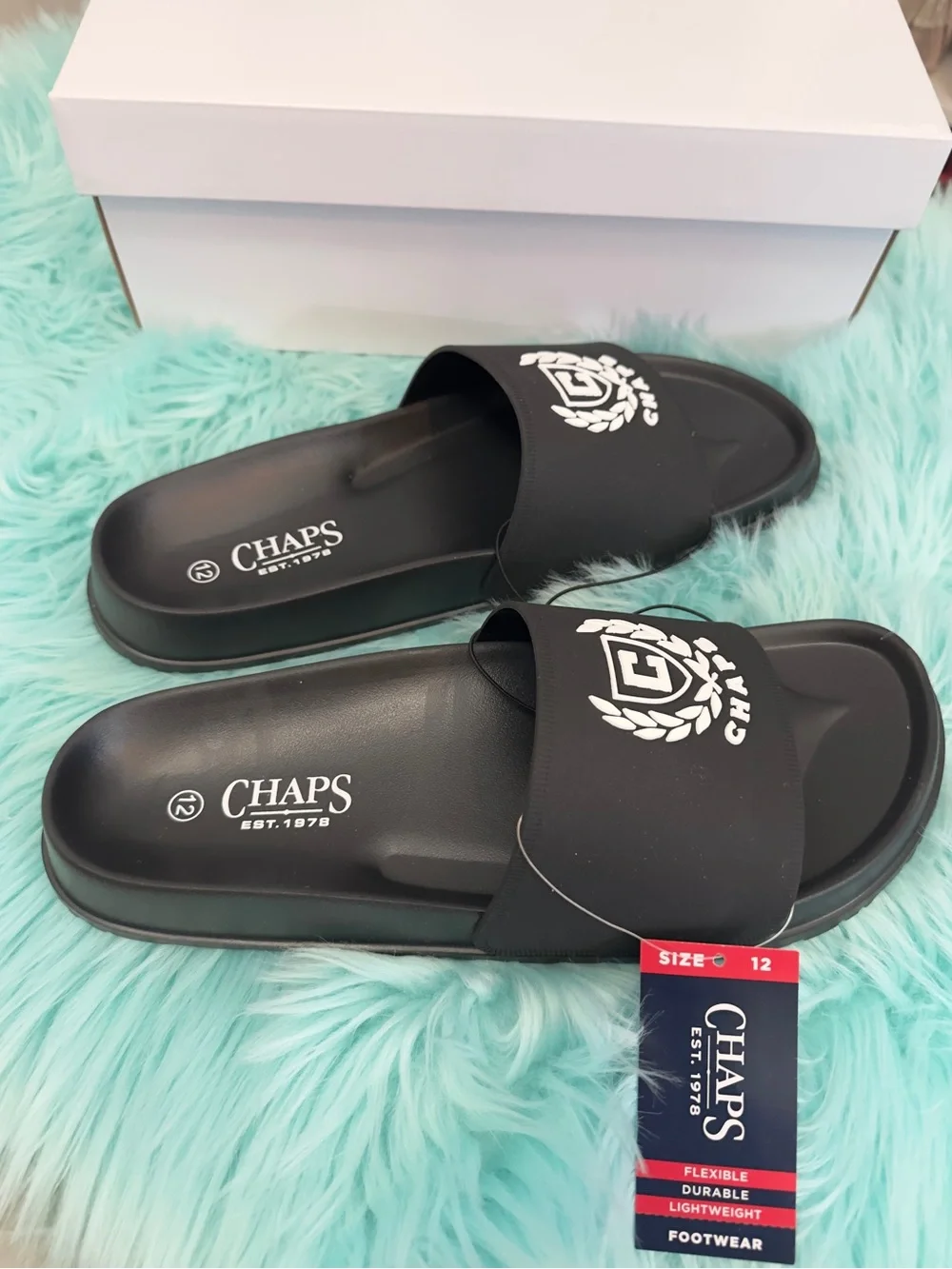 Black Slide Men’s Sandals with White Crest Chaps Logo Sz 12 NEW!